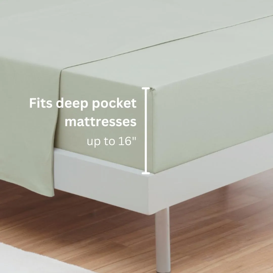 100% Cotton Bed Sheet Set with Deep Pocket - T-Shirt Fabric Jersey Knit - Extra Soft - Easy Fit - 4 Piece Set with Pillowcases - All Season - Comfy – 4 pcs (Mineral Green, Queen)