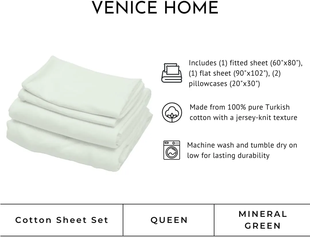 100% Cotton Bed Sheet Set with Deep Pocket - T-Shirt Fabric Jersey Knit - Extra Soft - Easy Fit - 4 Piece Set with Pillowcases - All Season - Comfy – 4 pcs (Mineral Green, Queen)