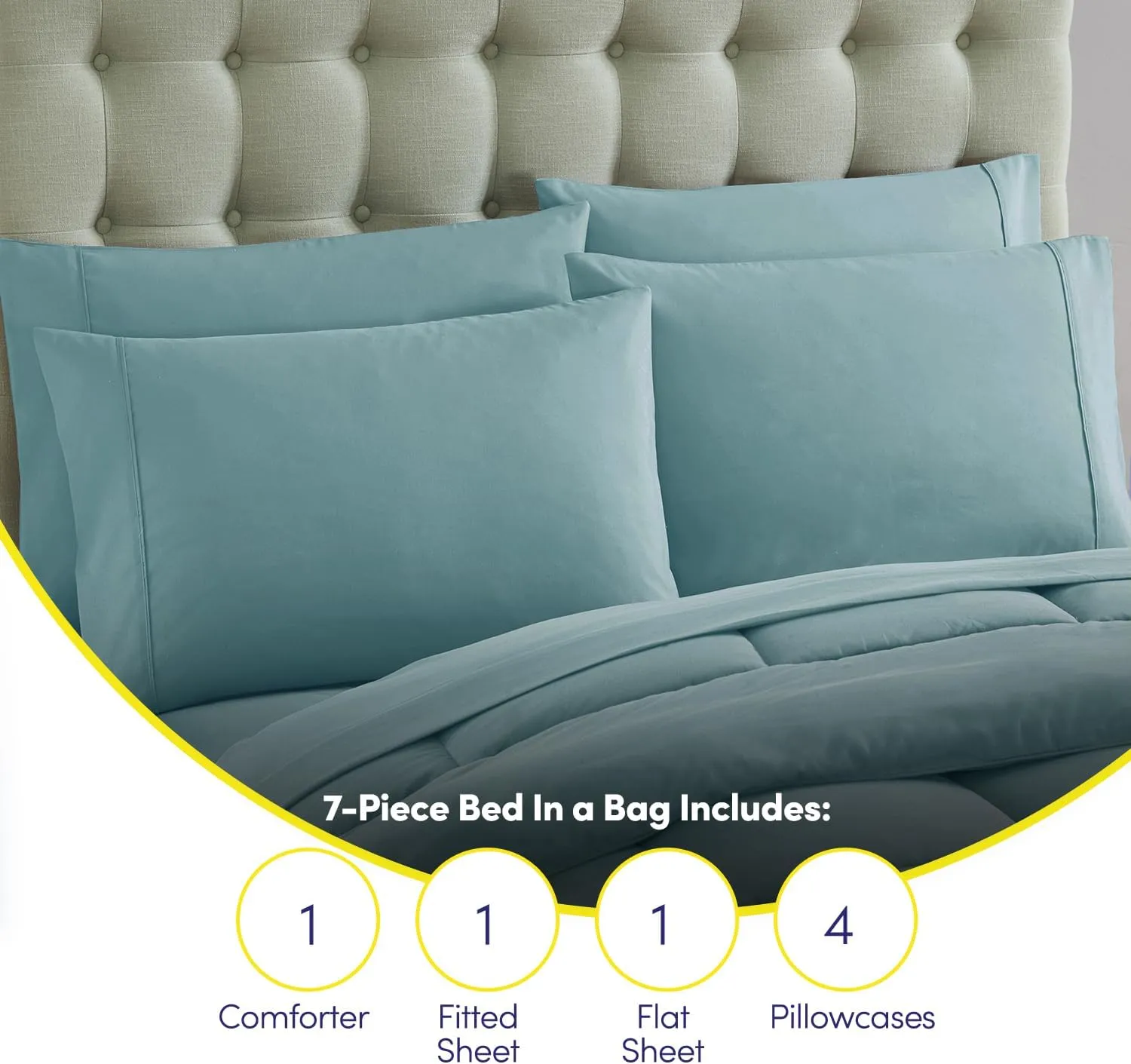 100% Cotton Collection 7 Piece Comforter Set Bag Solid Color All Season Soft Down Alternative Blanket & Luxurious Bed Sheets Queen Size Misty Blue
