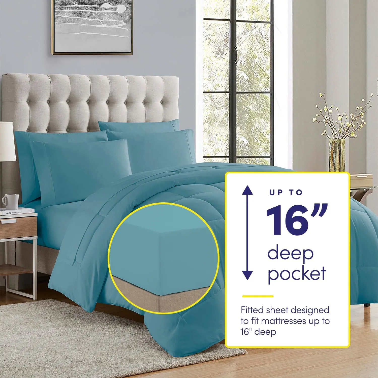 100% Cotton Collection 7 Piece Comforter Set Bag Solid Color All Season Soft Down Alternative Blanket & Luxurious Bed Sheets Queen Size Misty Blue