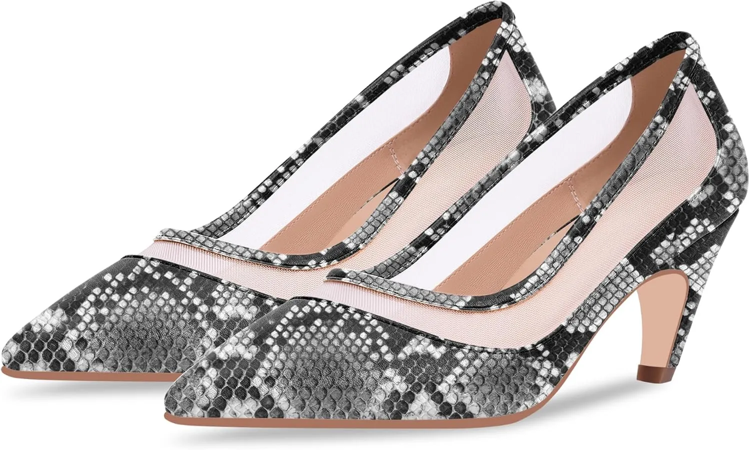 100FIXEO Women's Pointed Toe Mid Heel Pumps Snakeskin Print Mesh Slip On Dress Shoes