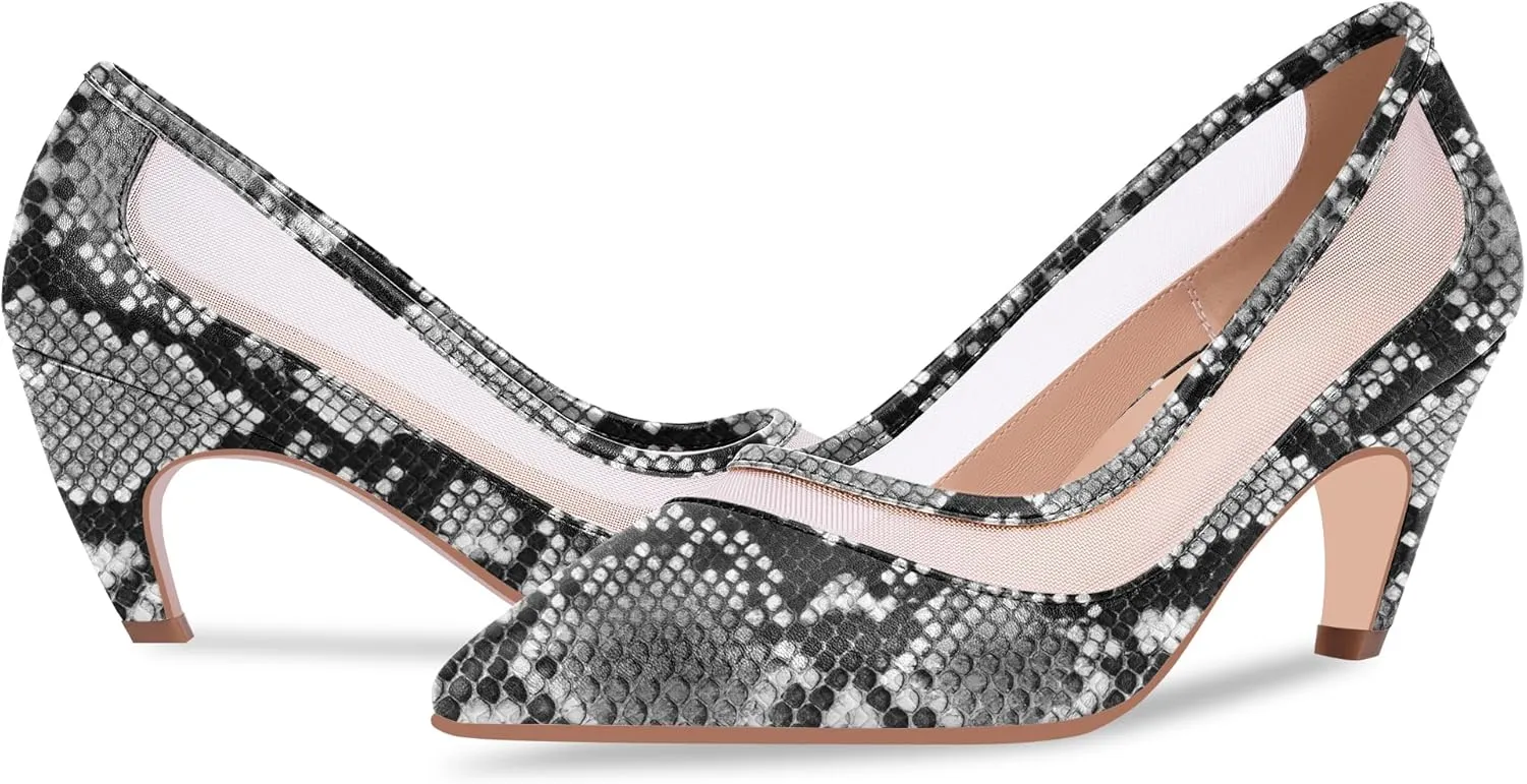 100FIXEO Women's Pointed Toe Mid Heel Pumps Snakeskin Print Mesh Slip On Dress Shoes
