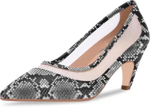 100FIXEO Women's Pointed Toe Mid Heel Pumps Snakeskin Print Mesh Slip On Dress Shoes