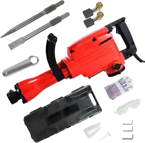 2200W Demolition Electric Jack Hammer Concrete Breaker Power Hammer, Heavy Duty Concrete Breaker Demolition Drills with Flat Chisel, Bull Point Chisel, Flat Chisel, U Chisel and Gloves