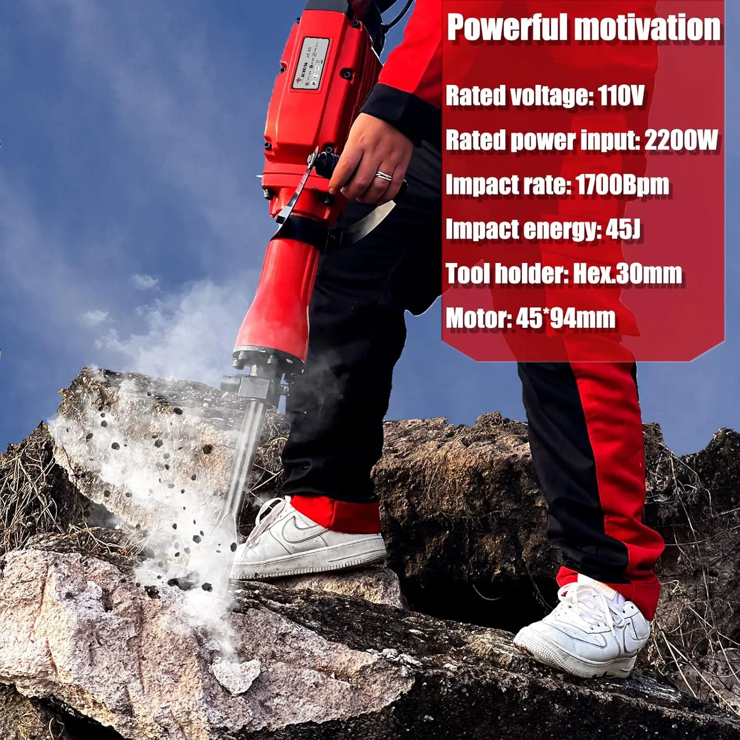 2200W Demolition Electric Jack Hammer Concrete Breaker Power Hammer, Heavy Duty Concrete Breaker Demolition Drills with Flat Chisel, Bull Point Chisel, Flat Chisel, U Chisel and Gloves
