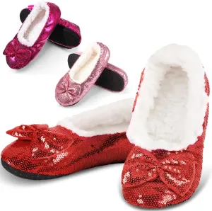 3 Pairs Women Ballerina Sequin Slippers, Glitter Christmas Winter Ruby Red Slippers Holiday Gift for Women