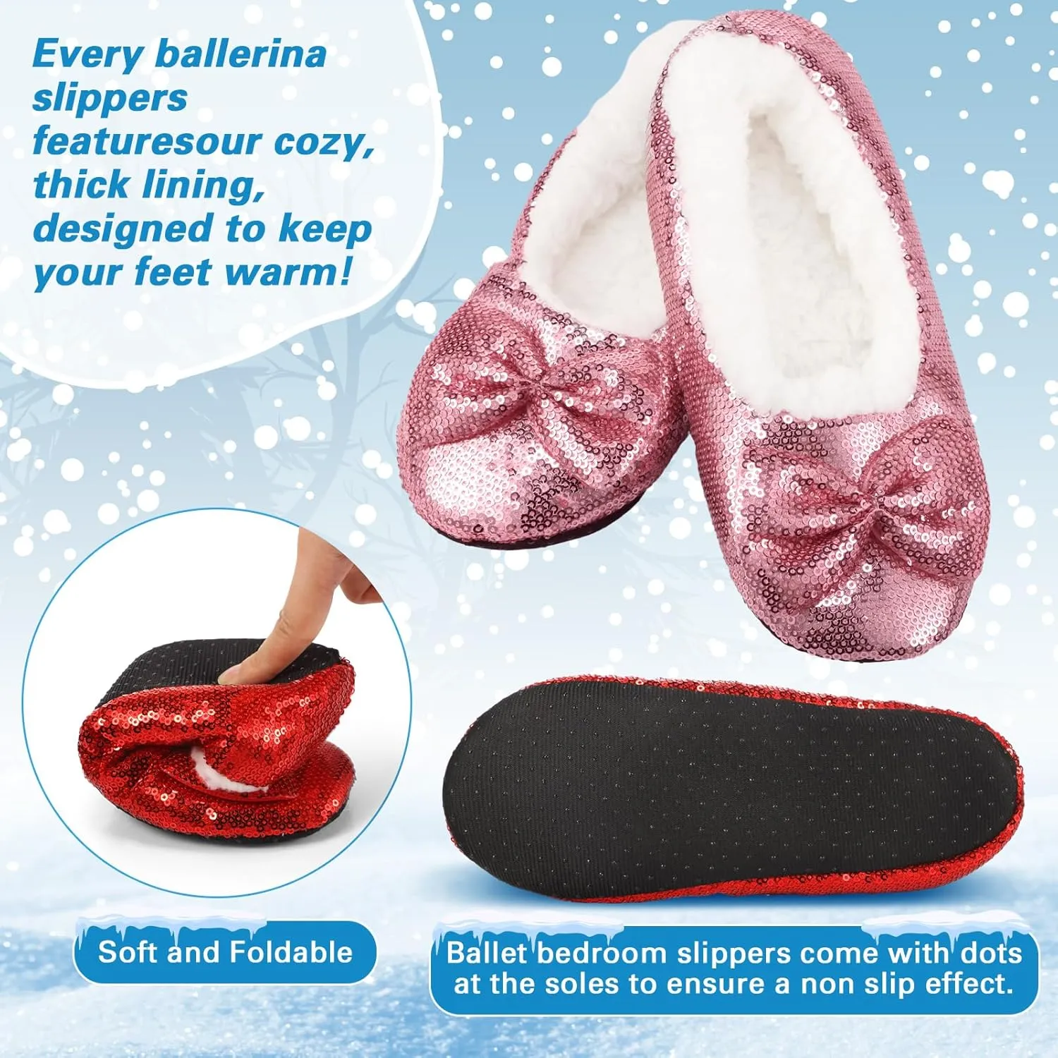 3 Pairs Women Ballerina Sequin Slippers, Glitter Christmas Winter Ruby Red Slippers Holiday Gift for Women