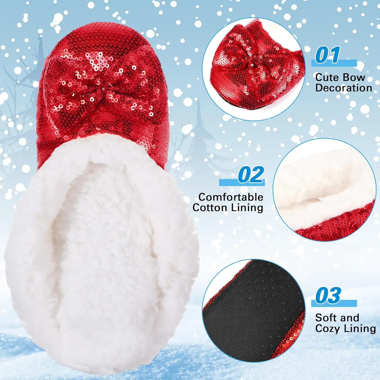 3 Pairs Women Ballerina Sequin Slippers, Glitter Christmas Winter Ruby Red Slippers Holiday Gift for Women