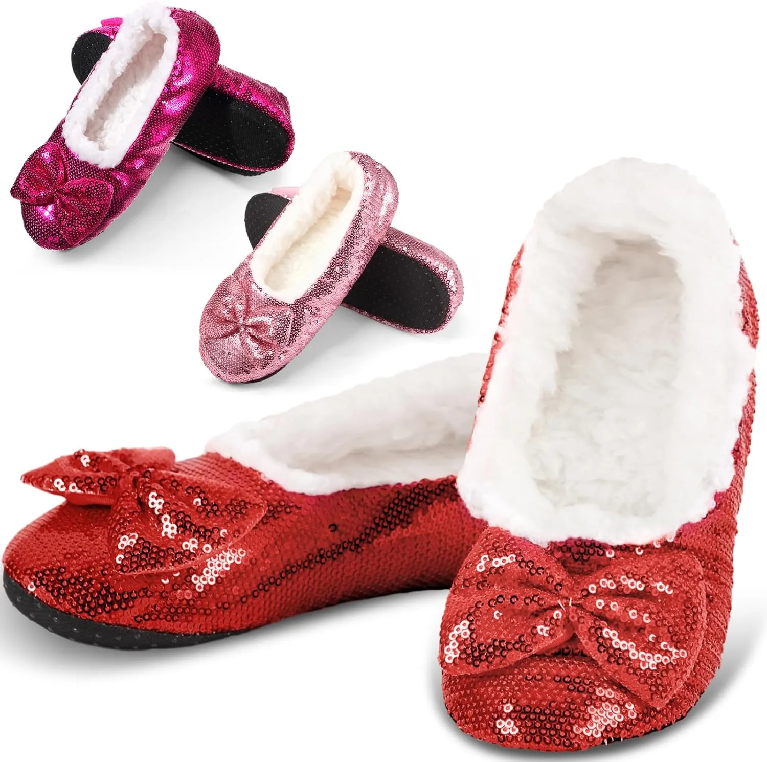 3 Pairs Women Ballerina Sequin Slippers, Glitter Christmas Winter Ruby Red Slippers Holiday Gift for Women