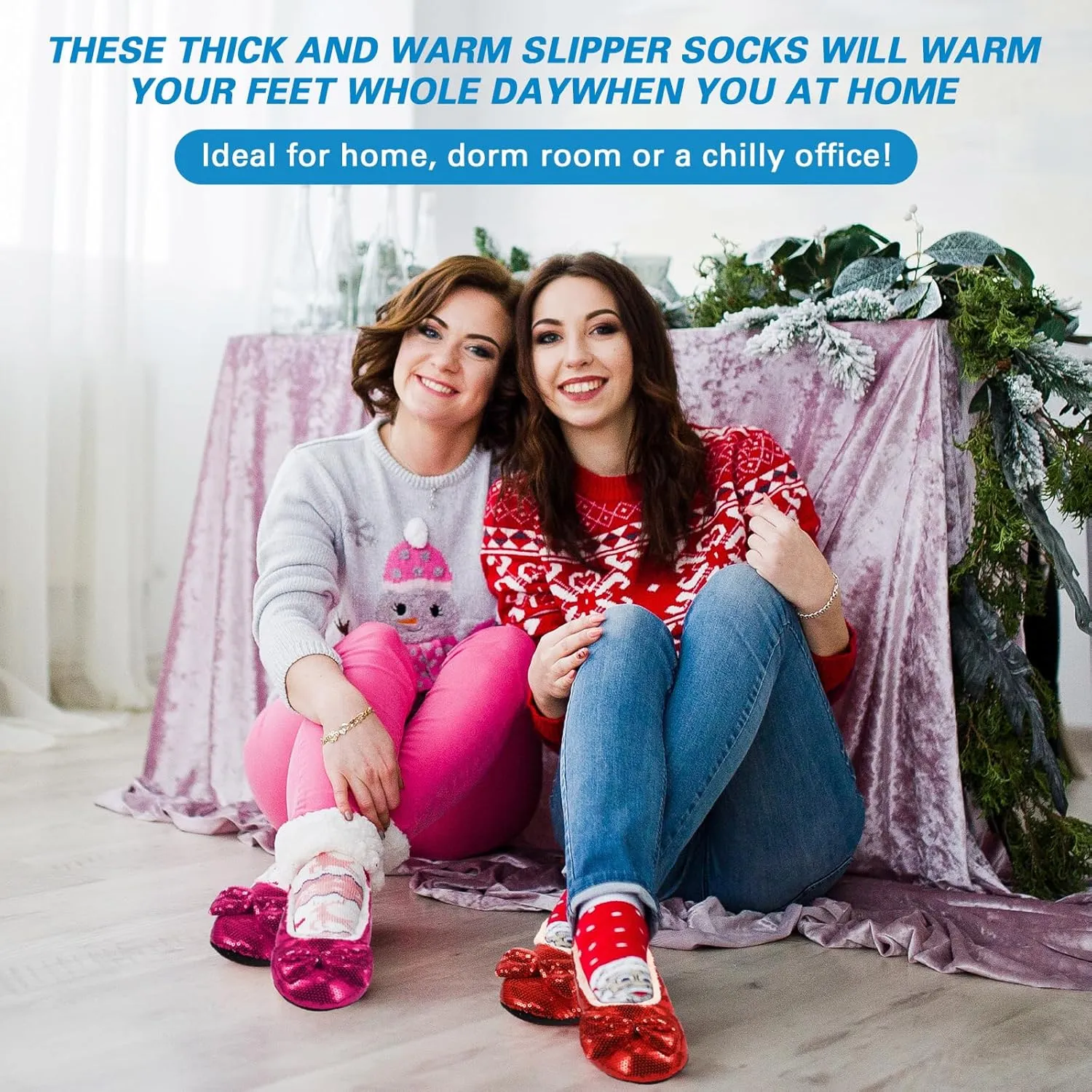 3 Pairs Women Ballerina Sequin Slippers, Glitter Christmas Winter Ruby Red Slippers Holiday Gift for Women