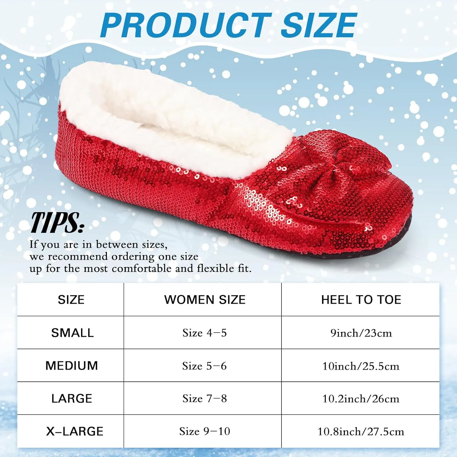 3 Pairs Women Ballerina Sequin Slippers, Glitter Christmas Winter Ruby Red Slippers Holiday Gift for Women