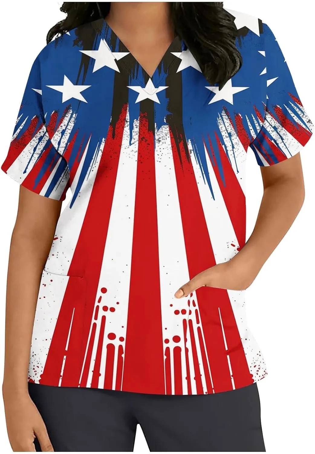 4th of July Shirts for Women Dressy Short Sleeve Flowy Tops Fashion V-Neck Independence Day Graphic Tee Shirts