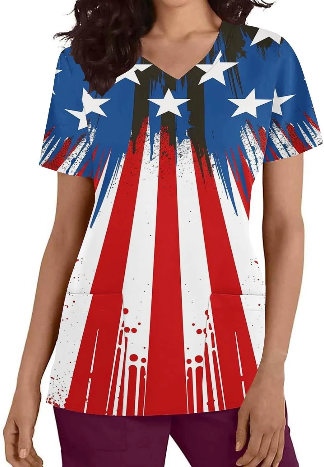 4th of July Shirts for Women Dressy Short Sleeve Flowy Tops Fashion V-Neck Independence Day Graphic Tee Shirts