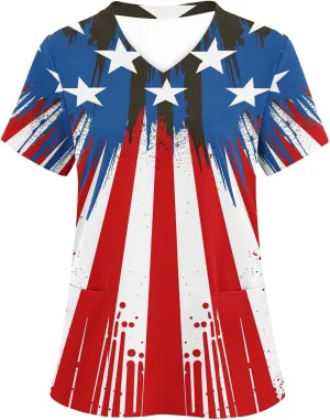 4th of July Shirts for Women Dressy Short Sleeve Flowy Tops Fashion V-Neck Independence Day Graphic Tee Shirts