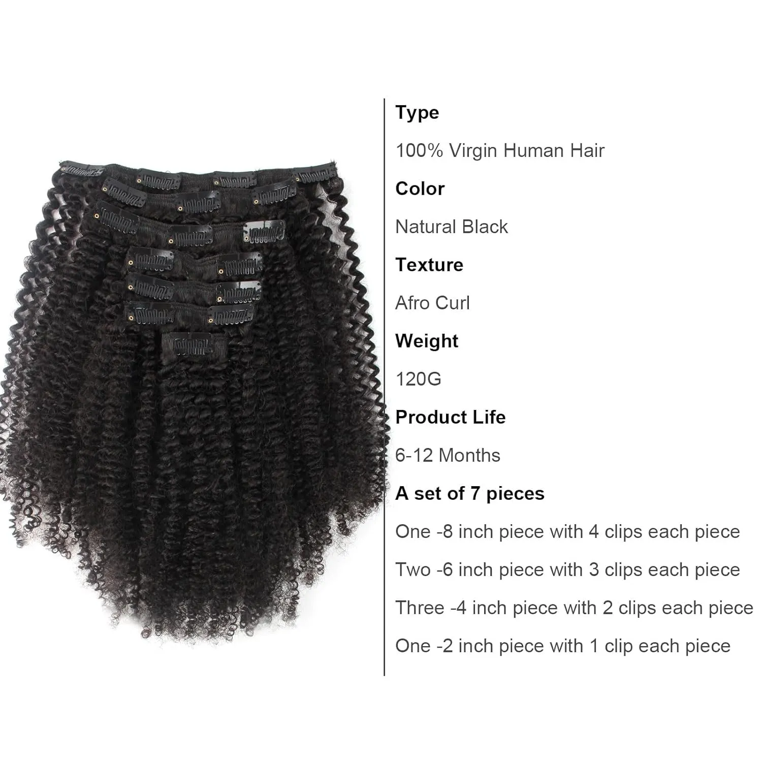 ABH AMAZINGBEAUTY HAIR Afro Curly Clip in Hair Extensions Real Human Hair 4A 4B Curly Clip ins for Black Women 120g 7 Pieces 17 Clips, #1B Natural Black 14 Inch