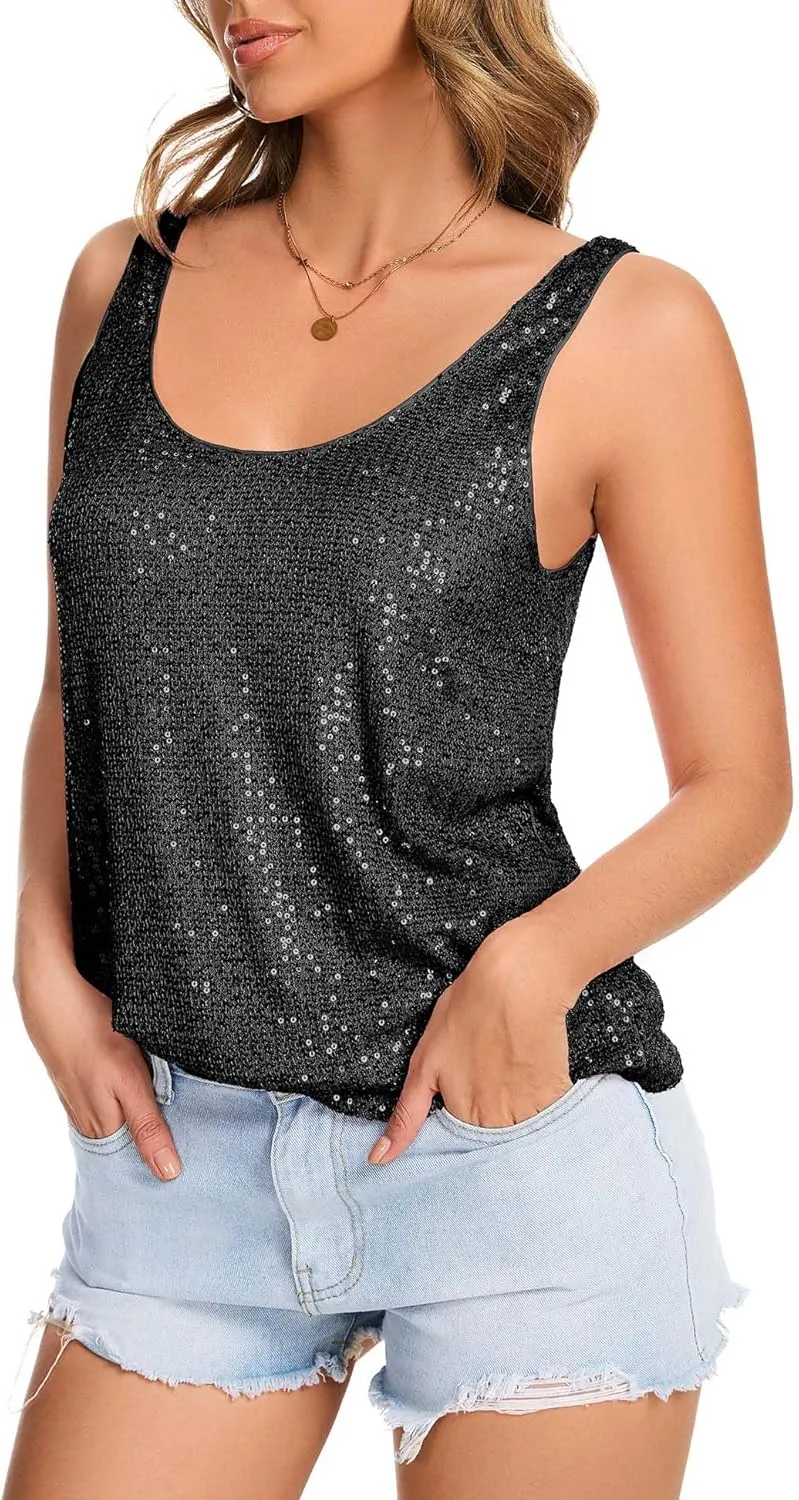 Ainuno Sequin Tops for Women Sparkly Tank Tops Sleeveless Sparkle Tanks Fashion Outfit Top
