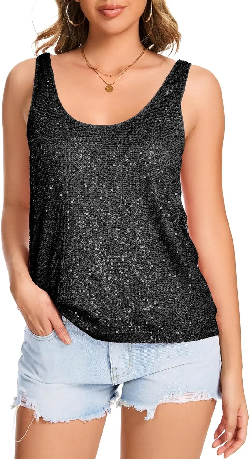 Ainuno Sequin Tops for Women Sparkly Tank Tops Sleeveless Sparkle Tanks Fashion Outfit Top