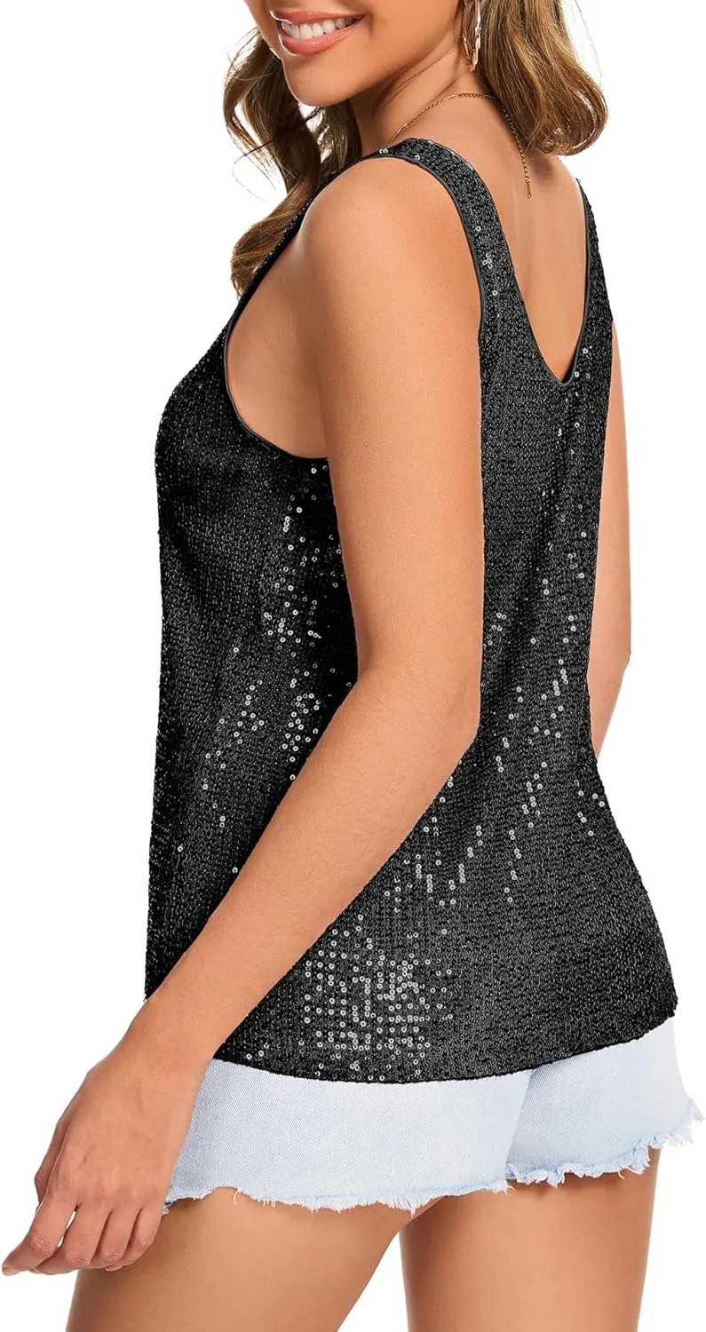 Ainuno Sequin Tops for Women Sparkly Tank Tops Sleeveless Sparkle Tanks Fashion Outfit Top