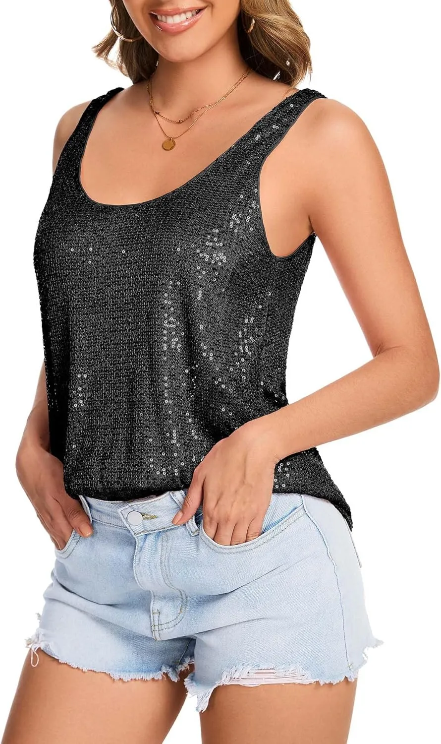 Ainuno Sequin Tops for Women Sparkly Tank Tops Sleeveless Sparkle Tanks Fashion Outfit Top
