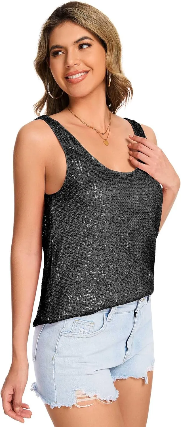 Ainuno Sequin Tops for Women Sparkly Tank Tops Sleeveless Sparkle Tanks Fashion Outfit Top