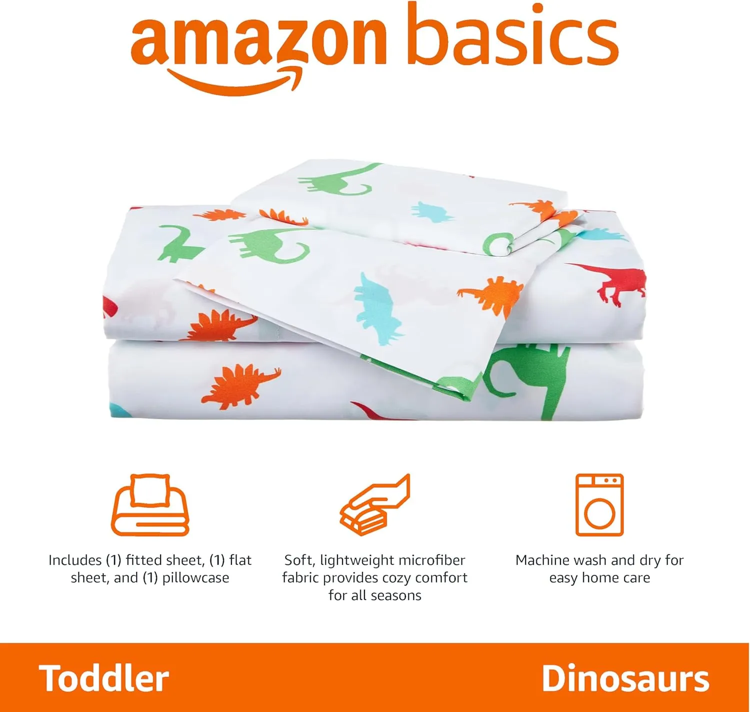 Amazon Basics Kid's Soft Easy-Wash Lightweight Microfiber 3-Piece Sheet Set, Toddler, Multi Color, Dinosaurs