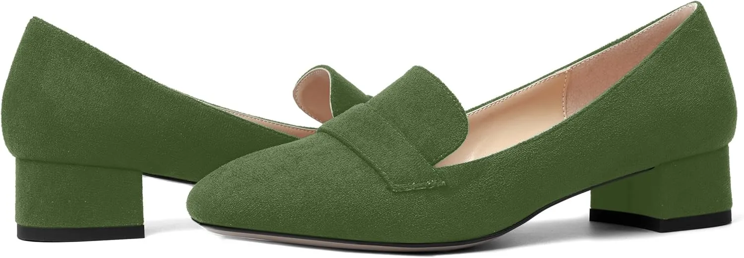 AMBELIGHT Womens Square Toe Casual Office Slip On Soild Block Low Heel Pumps Shoes 1.5 Inch