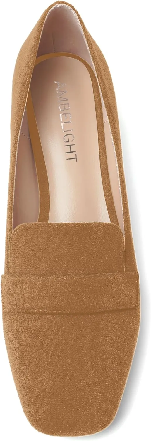 AMBELIGHT Womens Square Toe Casual Office Slip On Soild Block Low Heel Pumps Shoes 1.5 Inch