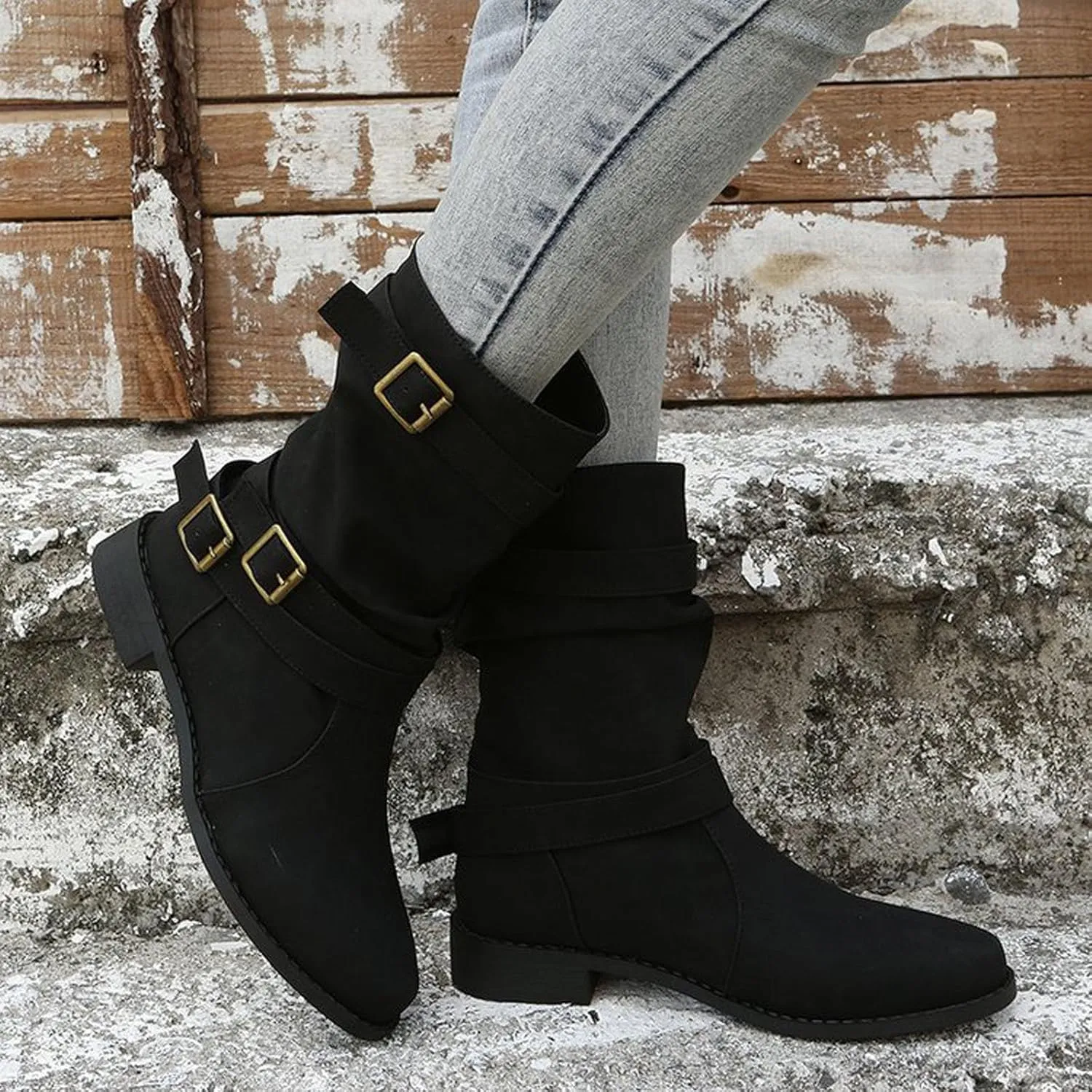 AMDBEL Winter Boots for Women 2024 Ankle Boots Low Heel Slip On Boots Winter Ladies Mid Calf Booties Shoes