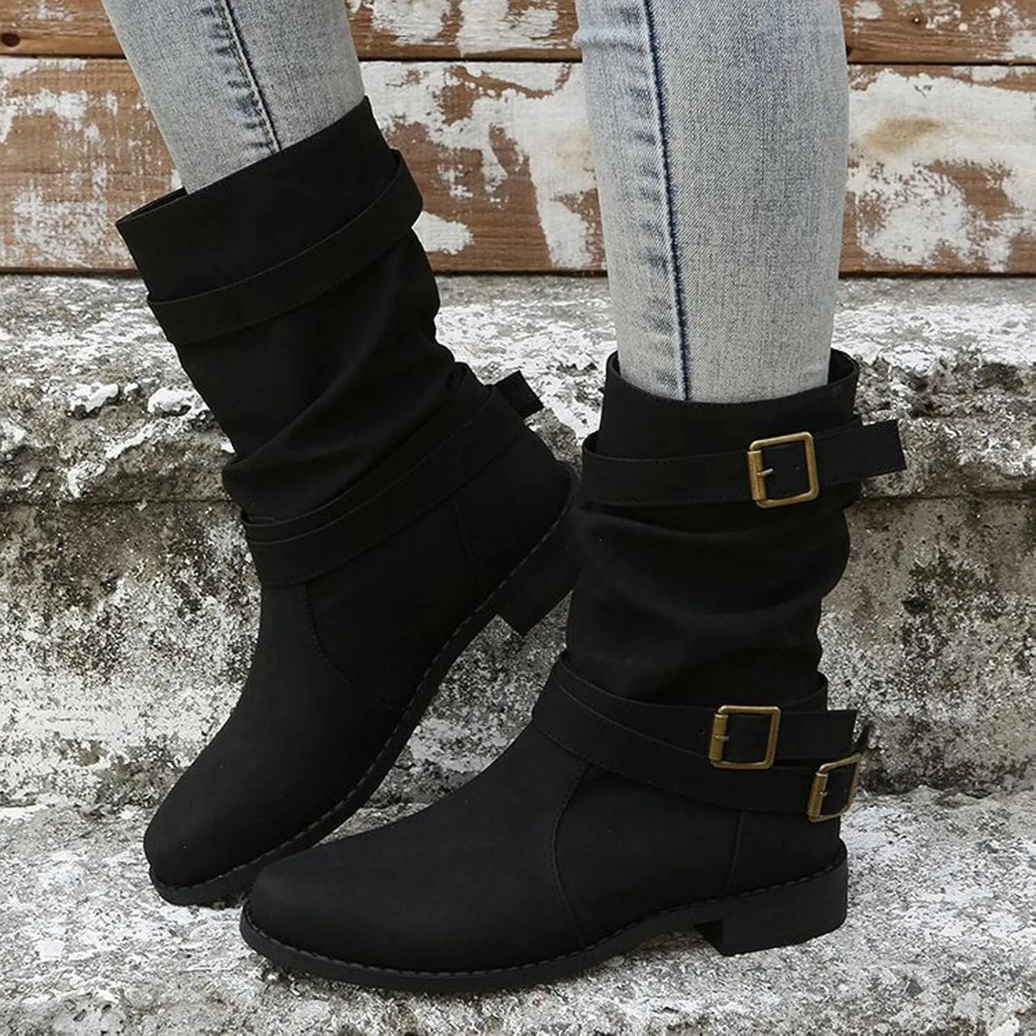 AMDBEL Winter Boots for Women 2024 Ankle Boots Low Heel Slip On Boots Winter Ladies Mid Calf Booties Shoes
