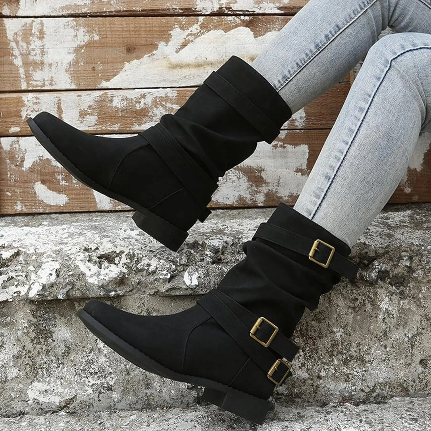 AMDBEL Winter Boots for Women 2024 Ankle Boots Low Heel Slip On Boots Winter Ladies Mid Calf Booties Shoes