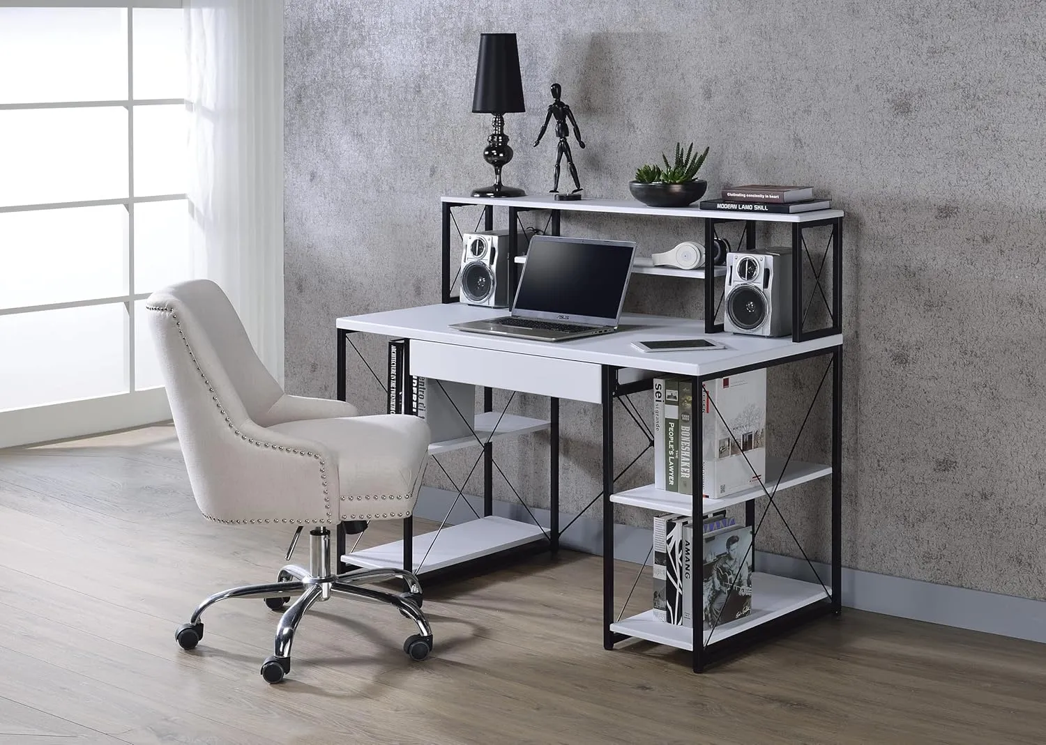 Amiel All-Purpose Writing Desk for Modern Workspaces, Storage Solutions, Sleek Design, White Finish