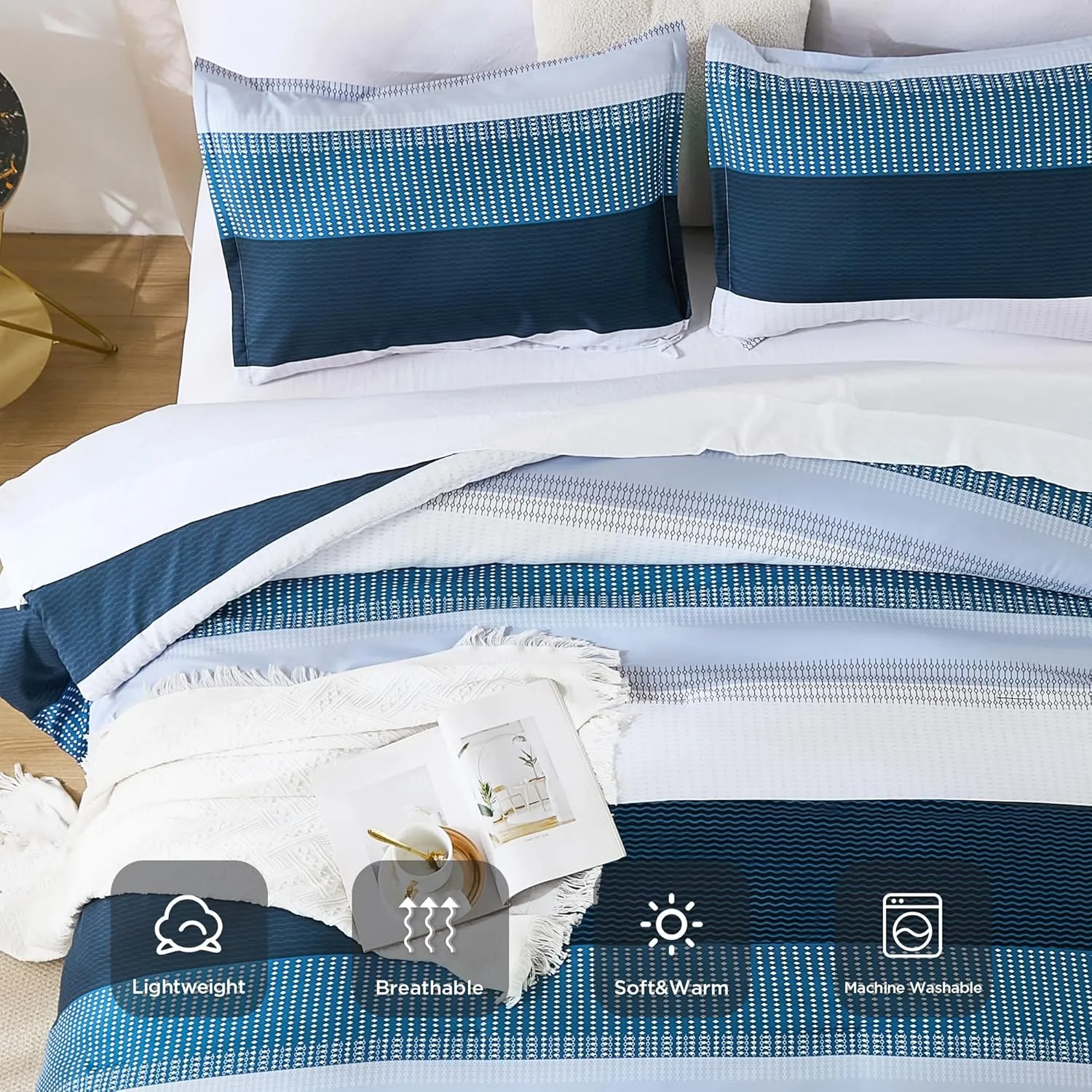 Andency Full Size Comforter Set Navy - 7 Pieces Striped Lightweight Bed in a Bag, Soft Microfiber Reversible Bedding Set with Comforter, Fitted & Flat Sheet, Pillowcases & Shams