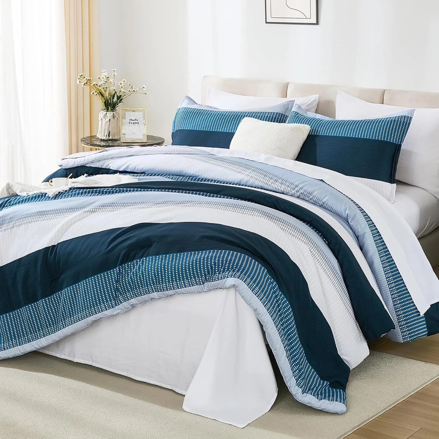 Andency Full Size Comforter Set Navy - 7 Pieces Striped Lightweight Bed in a Bag, Soft Microfiber Reversible Bedding Set with Comforter, Fitted & Flat Sheet, Pillowcases & Shams