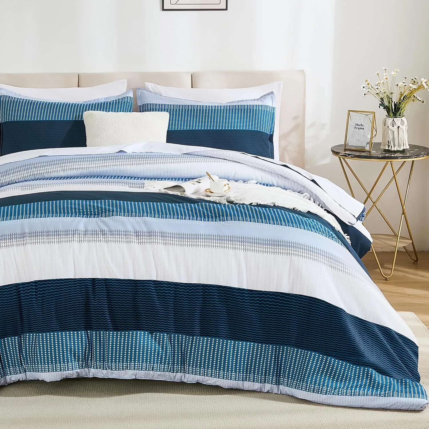 Andency Full Size Comforter Set Navy - 7 Pieces Striped Lightweight Bed in a Bag, Soft Microfiber Reversible Bedding Set with Comforter, Fitted & Flat Sheet, Pillowcases & Shams