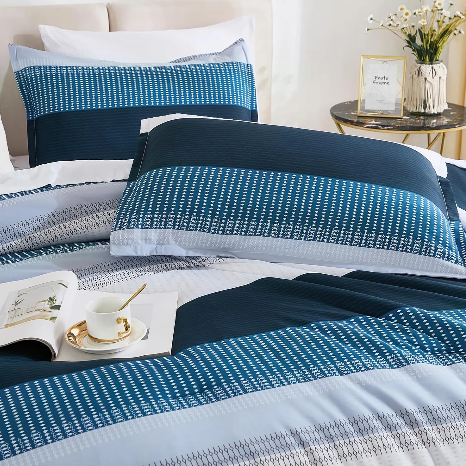 Andency Full Size Comforter Set Navy - 7 Pieces Striped Lightweight Bed in a Bag, Soft Microfiber Reversible Bedding Set with Comforter, Fitted & Flat Sheet, Pillowcases & Shams