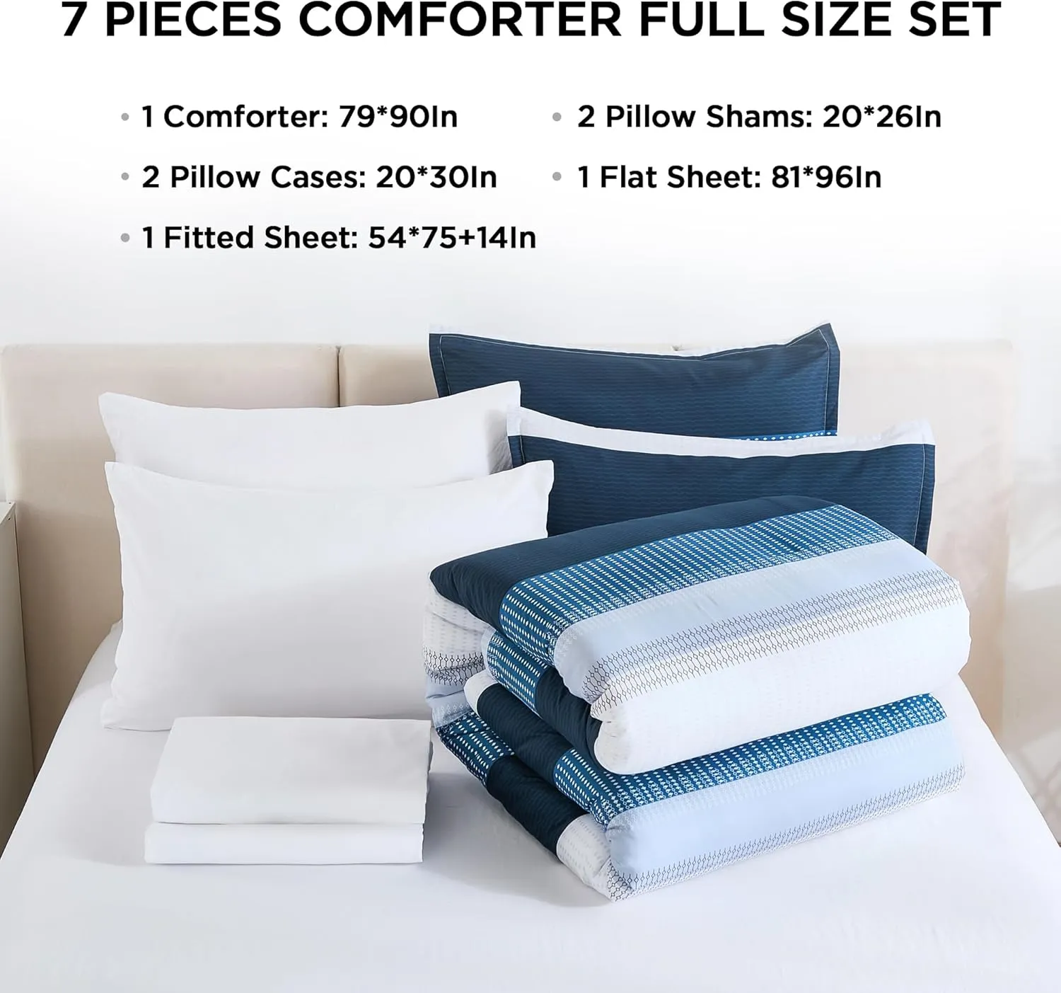 Andency Full Size Comforter Set Navy - 7 Pieces Striped Lightweight Bed in a Bag, Soft Microfiber Reversible Bedding Set with Comforter, Fitted & Flat Sheet, Pillowcases & Shams