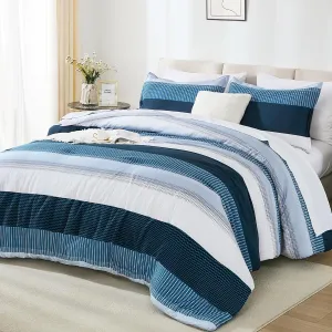 Andency Full Size Comforter Set Navy - 7 Pieces Striped Lightweight Bed in a Bag, Soft Microfiber Reversible Bedding Set with Comforter, Fitted & Flat Sheet, Pillowcases & Shams