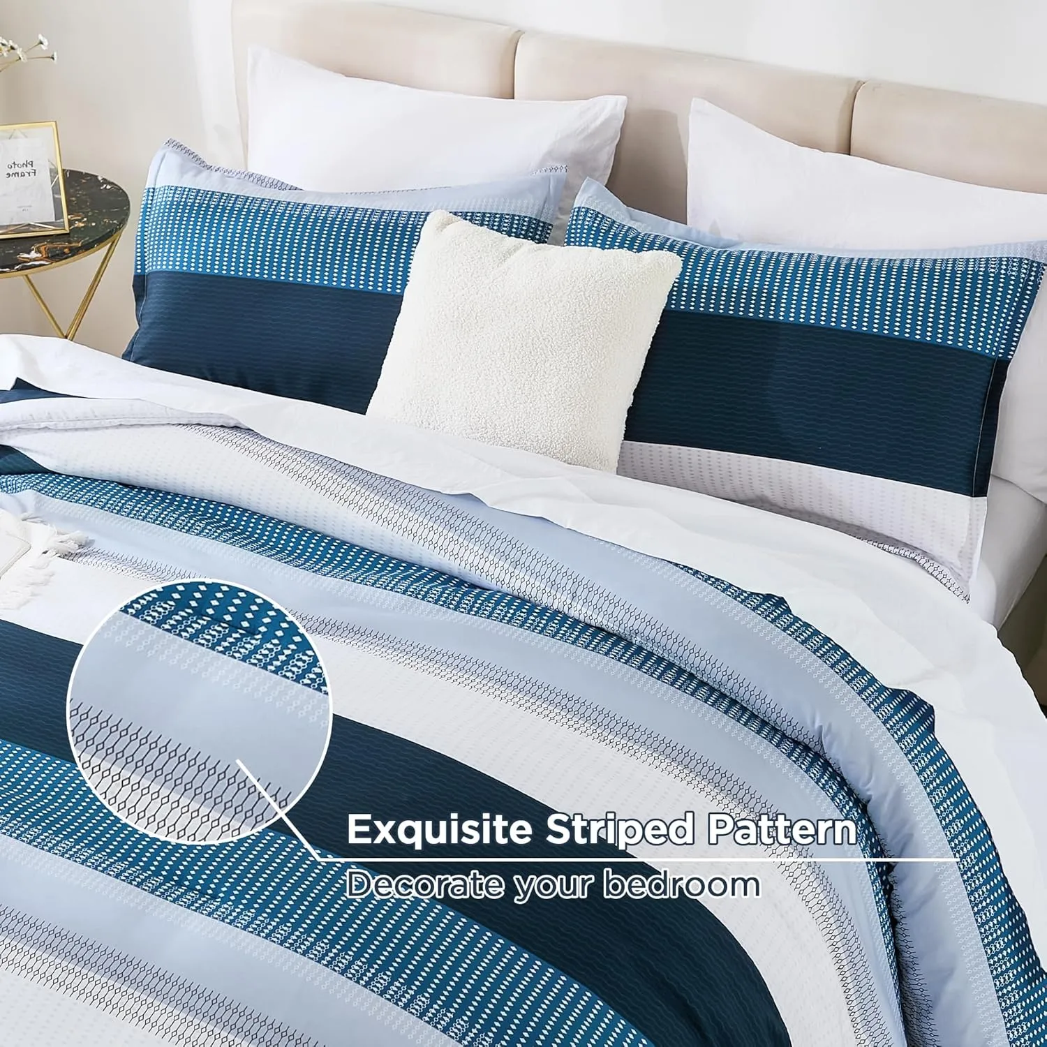 Andency Full Size Comforter Set Navy - 7 Pieces Striped Lightweight Bed in a Bag, Soft Microfiber Reversible Bedding Set with Comforter, Fitted & Flat Sheet, Pillowcases & Shams