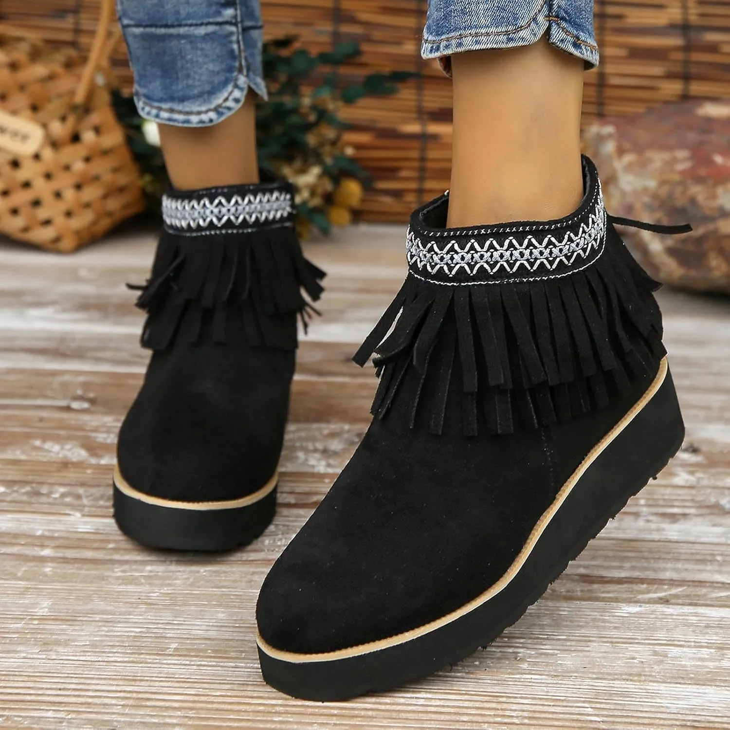 Ankle Boots for Women Fall Boots Women Comfortable Soft Sole Wedge Heel Tassel Frosted Suede Barefoot Shoes Women