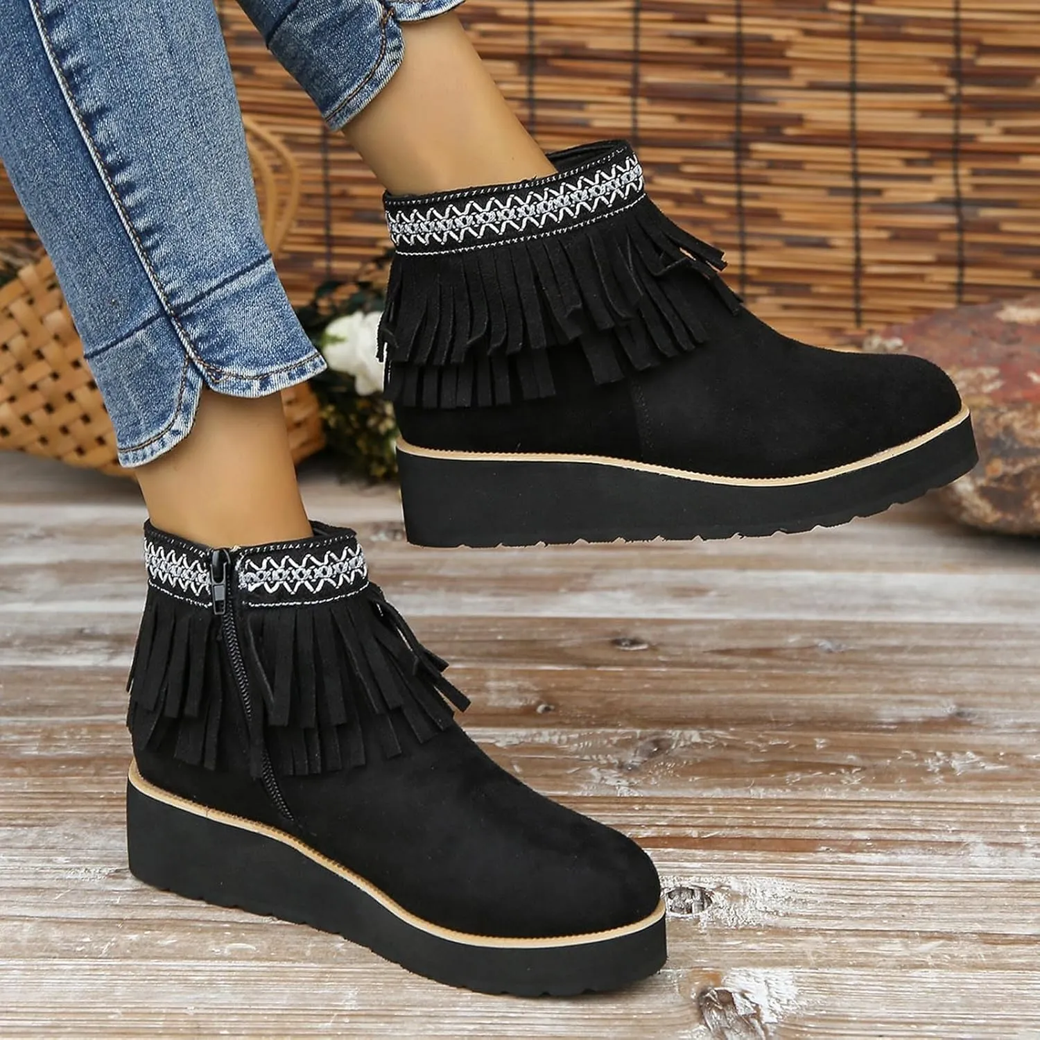 Ankle Boots for Women Fall Boots Women Comfortable Soft Sole Wedge Heel Tassel Frosted Suede Barefoot Shoes Women