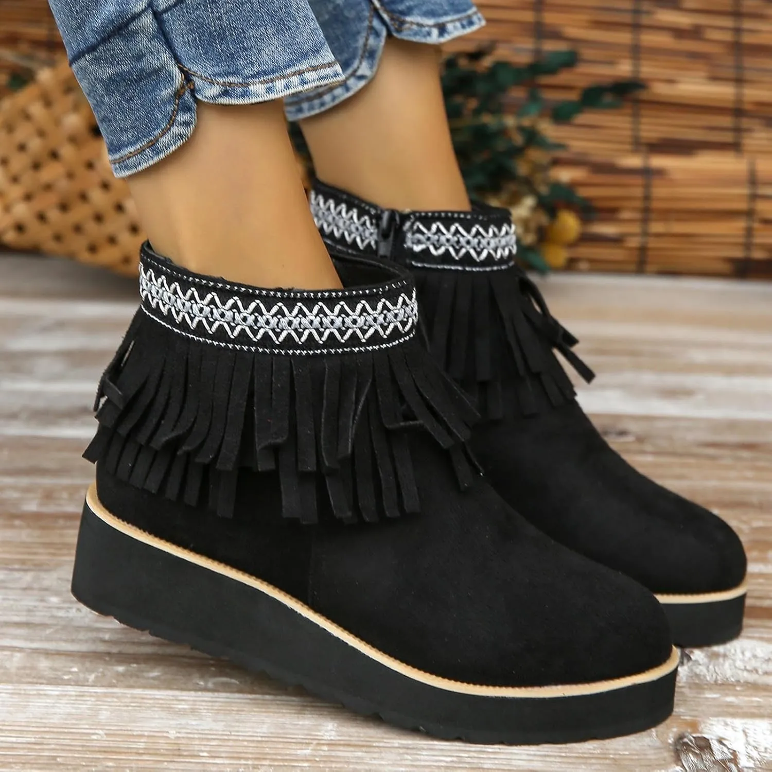 Ankle Boots for Women Fall Boots Women Comfortable Soft Sole Wedge Heel Tassel Frosted Suede Barefoot Shoes Women