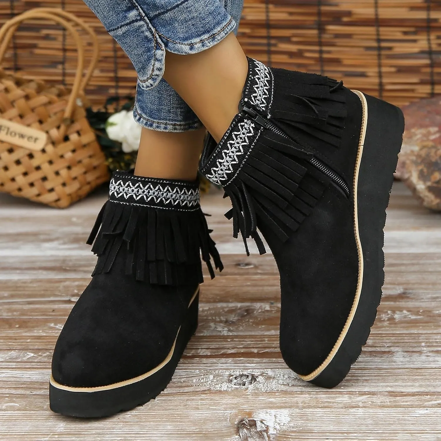 Ankle Boots for Women Fall Boots Women Comfortable Soft Sole Wedge Heel Tassel Frosted Suede Barefoot Shoes Women