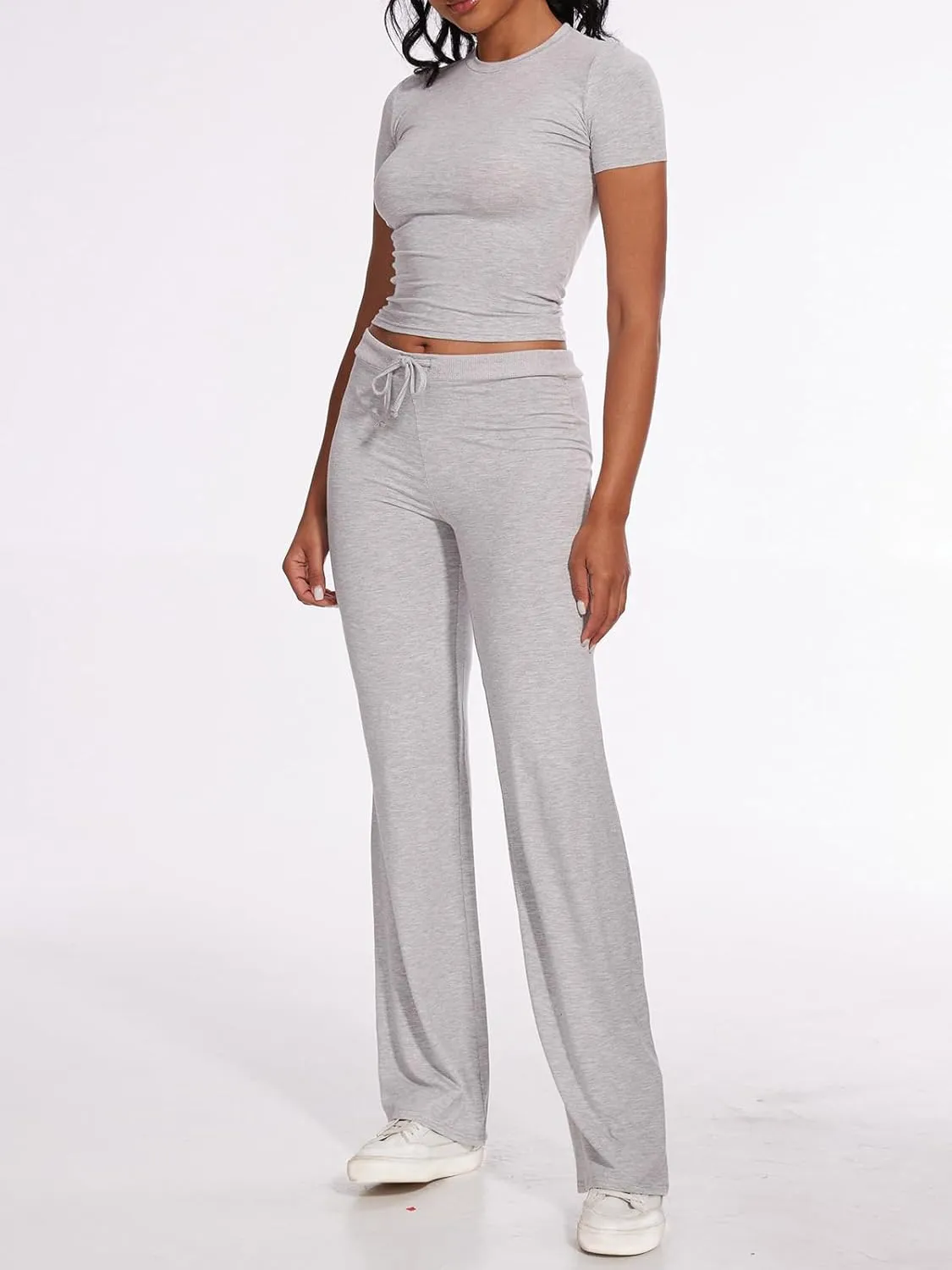 AnotherChill Women's 2 Piece Lounge Sets Straight Leg Pants Set Short Sleeve Crop T-shirt Casual Outfits Comfy Loungewear