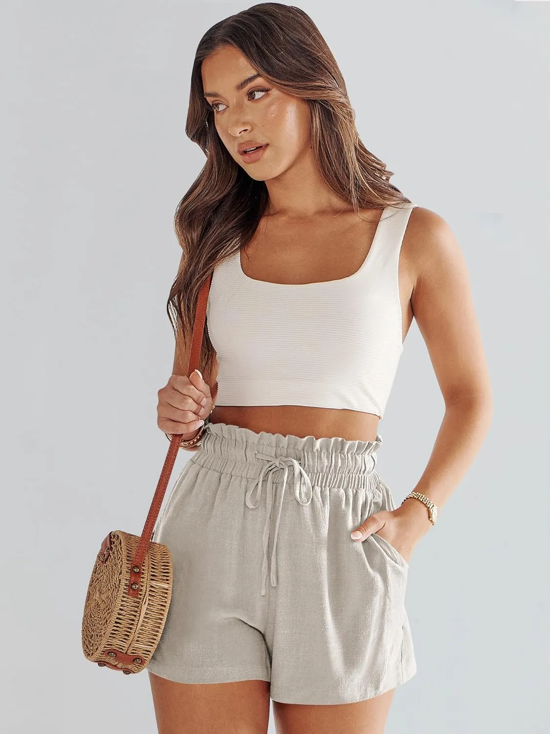 ANRABESS Linen Shorts for Women Summer Casual Wide Leg Loose High Waist Drawstring Dressy Beach Shorts 2025 Comfy Clothes