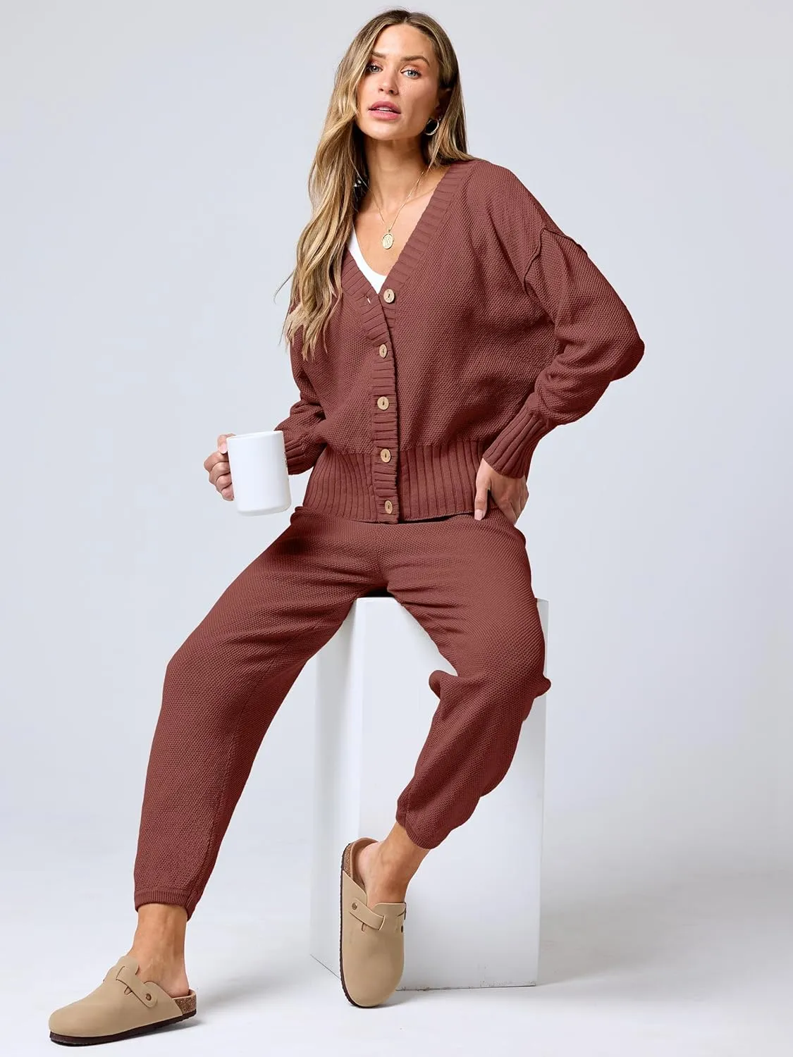 ANRABESS Women 2 Piece Outfits Waffle Knit Long Sleeve Cardigan Set Casual Sweater Pants Lounge Sets 2024 Fall Clothes