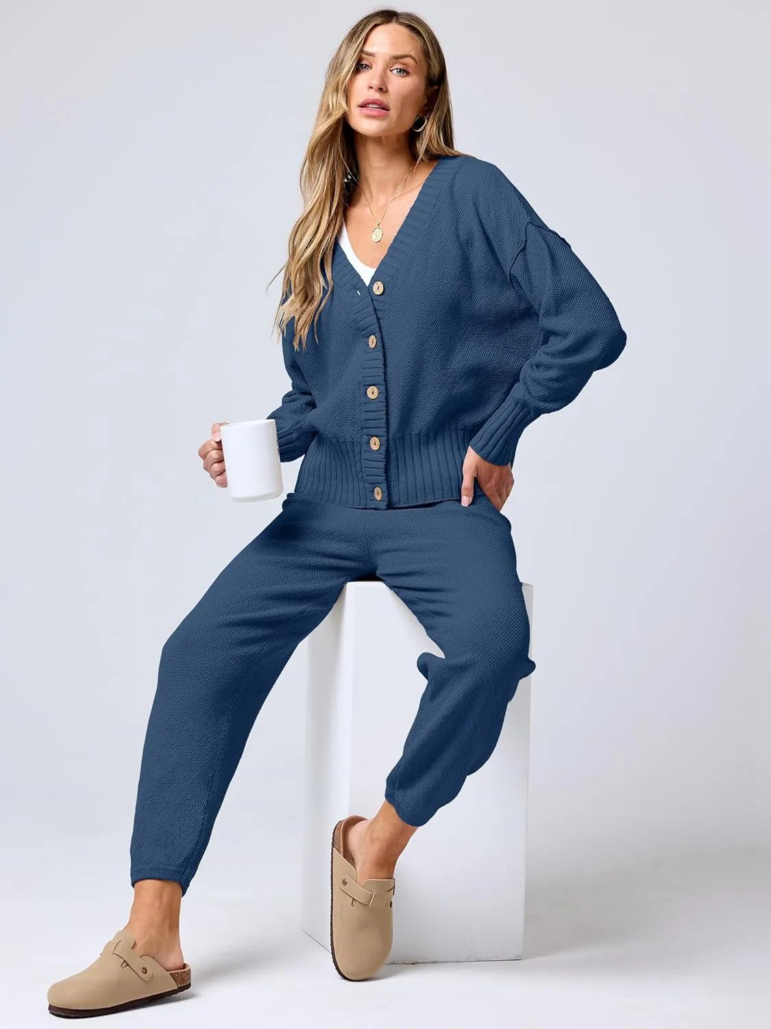 ANRABESS Women 2 Piece Outfits Waffle Knit Long Sleeve Cardigan Set Casual Sweater Pants Lounge Sets 2024 Fall Clothes