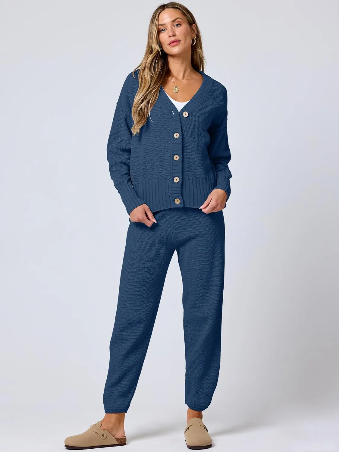 ANRABESS Women 2 Piece Outfits Waffle Knit Long Sleeve Cardigan Set Casual Sweater Pants Lounge Sets 2024 Fall Clothes