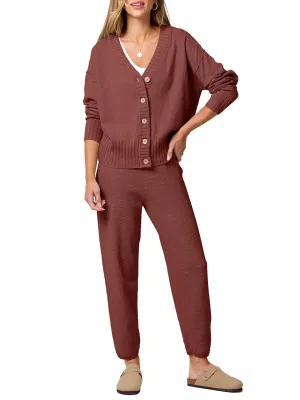 ANRABESS Women 2 Piece Outfits Waffle Knit Long Sleeve Cardigan Set Casual Sweater Pants Lounge Sets 2024 Fall Clothes