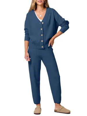ANRABESS Women 2 Piece Outfits Waffle Knit Long Sleeve Cardigan Set Casual Sweater Pants Lounge Sets 2024 Fall Clothes