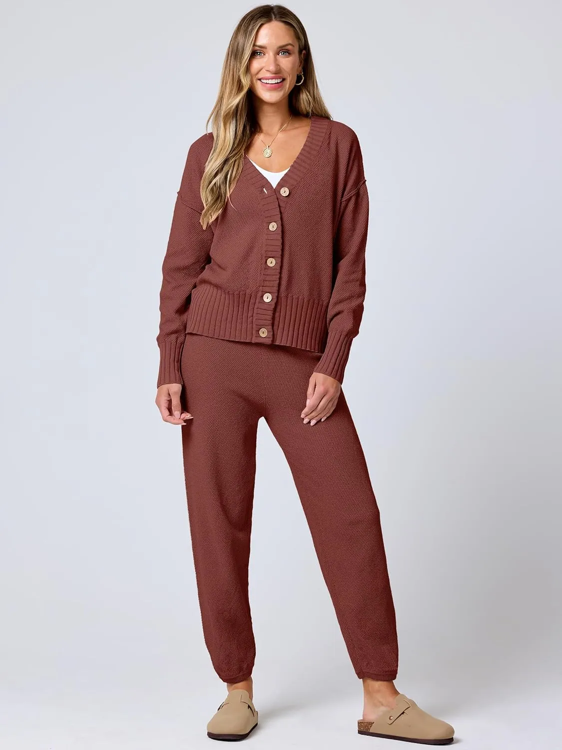 ANRABESS Women 2 Piece Outfits Waffle Knit Long Sleeve Cardigan Set Casual Sweater Pants Lounge Sets 2024 Fall Clothes